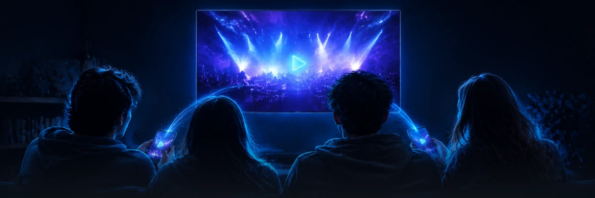 Quatre amis regardent YouTube ensemble, la même vidéo synchronisée sur la TV Quatre amis regardent YouTube ensemble, la même vidéo synchronisée sur la TV